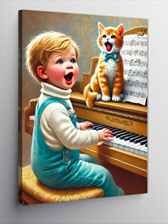 Kanvas Tablo Piyano Çalan Çocuk Ve Kedi