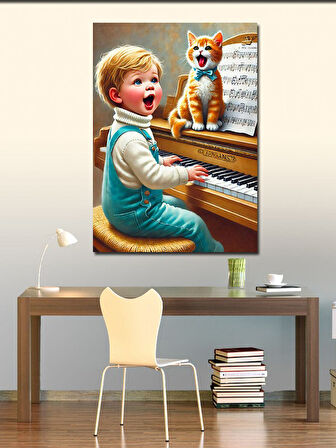 Kanvas Tablo Piyano Çalan Çocuk Ve Kedi