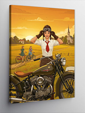Kanvas Tablo Retro Kadın Ve Motosiklet