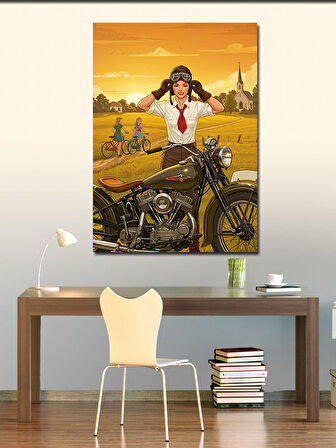 Kanvas Tablo Retro Kadın Ve Motosiklet