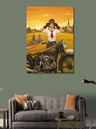 Kanvas Tablo Retro Kadın Ve Motosiklet