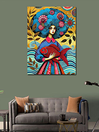 Kanvas Tablo Renkli Desenli Kadın Portresi