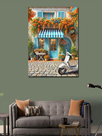 Kanvas Tablo Mavi Kapılı Renkli Ev Ve Vespa