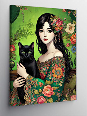 Kanvas Tablo Siyah Kedili Çiçekli Kadın
