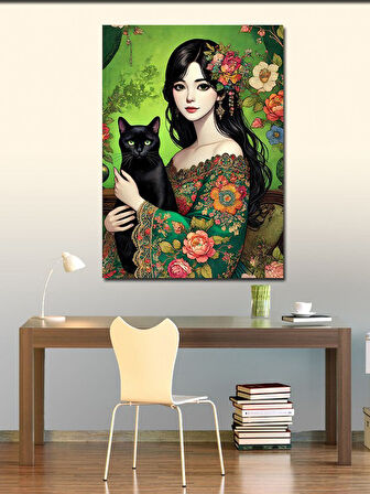 Kanvas Tablo Siyah Kedili Çiçekli Kadın