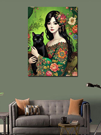 Kanvas Tablo Siyah Kedili Çiçekli Kadın