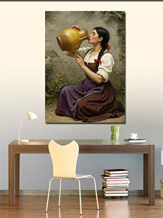 Kanvas Tablo Testiden Su İçen Köylü Kadın