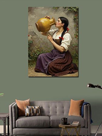 Kanvas Tablo Testiden Su İçen Köylü Kadın