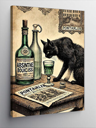 Kanvas Tablo Absinthe Ve Kara Kedi Teması