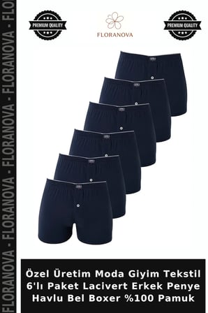 Özel Üretim Moda Giyim Tekstil 6'lı Paket Lacivert Erkek Penye Havlu Bel Boxer %100 Pamuk