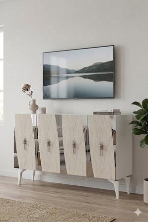 KA1213BTS ELİPS Konsol ve Tv Sehpası Beyaz-Traverten-Silver 120cm