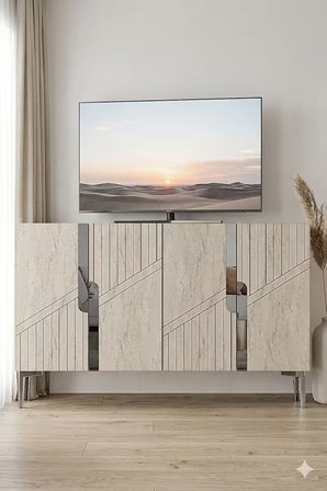 KA1228BTS EVVA Konsol ve Tv Sehpası Beyaz-Traverten-Silver 120cm