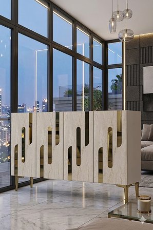 KA1229BTG ECE Konsol ve Tv Sehpası Beyaz-Traverten-Gold 120cm