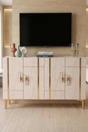 KA1242BTG MADE Konsol ve TV Sehpası BEYAZ-TRAVERTEN-GOLD 120CM