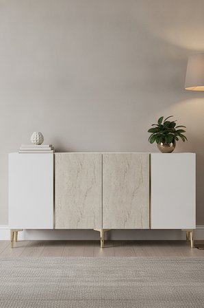KA1524BTG POLİ Konsol ve Tv Sehpası Beyaz-Traverten-Gold 150cm