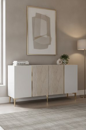 KA1524BTG POLİ Konsol ve Tv Sehpası Beyaz-Traverten-Gold 150cm
