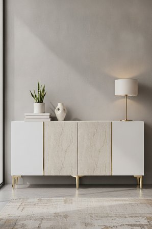 KA1524BTG POLİ Konsol ve Tv Sehpası Beyaz-Traverten-Gold 150cm