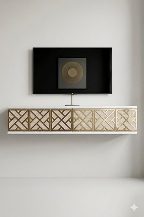 TDA1238BTG AREX Duvara Montaj Tv Sehpası Beyaz-Traverten-Gold 120cm