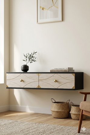 TDA1297ATG ALFA Duvara Montaj Tv Sehpası Antrasit-Traverten-Gold 120cm