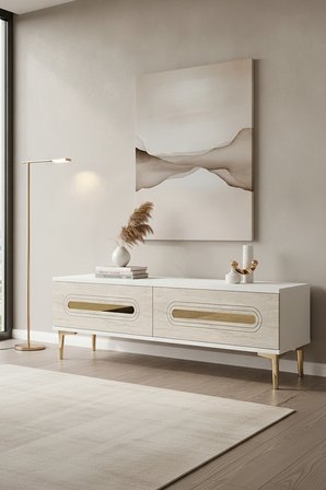 TSA1220BTG RANY Tv Sehpası Beyaz-Traverten-Gold 120cm