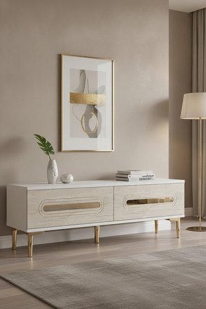 TSA1220BTG RANY Tv Sehpası Beyaz-Traverten-Gold 120cm