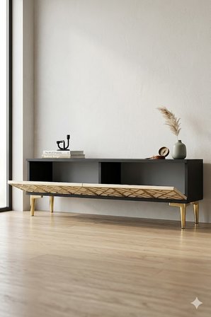 TSA1238ATG AREX Tv Sehpası Antrasit-Traverten-Gold 120cm