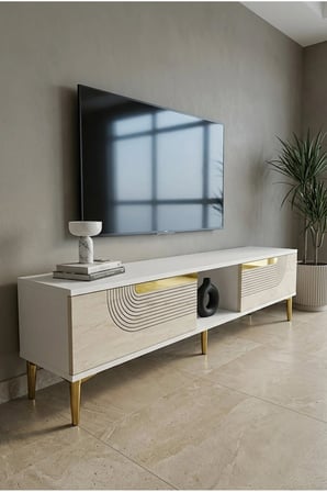TSA1508BTG MEYRA TV Sehpası BEYAZ-TRAVERTEN-GOLD 150CM
