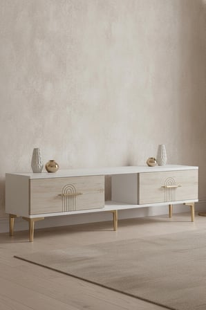TSA1515BTG İDA TV Sehpası BEYAZ-TRAVERTEN-GOLD 150CM