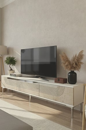 TSA1805BTS MEYRA TV Sehpası BEYAZ-TRAVERTEN-SILVER 180CM