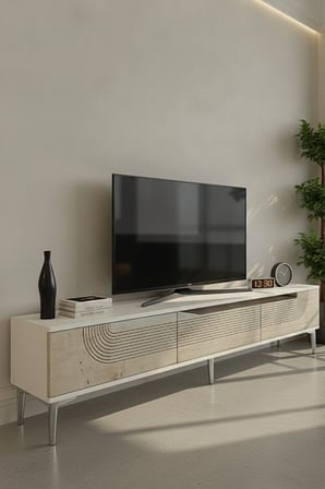 TSA1805BTS MEYRA TV Sehpası BEYAZ-TRAVERTEN-SILVER 180CM
