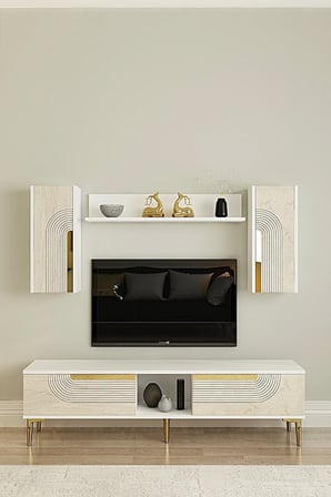TVR1502BTG MEYRA TV Ünitesi Takımı BEYAZ-TRAVERTEN-GOLD 150CM