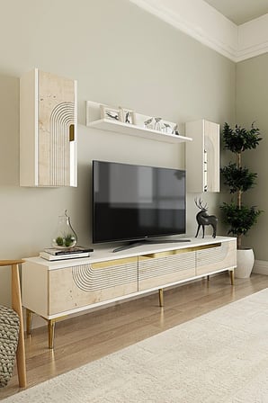 TVR1803BTG MEYRA TV Ünitesi Takımı BEYAZ-TRAVERTEN-GOLD 180CM