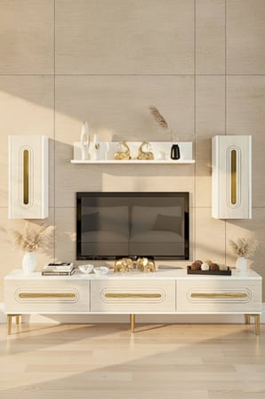 TVR1804BTG RANY TV Ünitesi Takımı BEYAZ-TRAVERTEN-GOLD 180CM