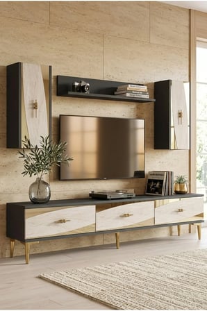 TVR1813ATG ELİPS TV Ünitesi Takımı ANTRASİT-TRAVERTEN-GOLD 180CM