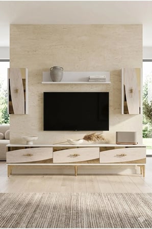 TVR1813BTG ELİPS TV Ünitesi Takımı BEYAZ-TRAVERTEN-GOLD 180CM