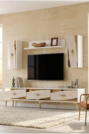 TVR1813BTG ELİPS TV Ünitesi Takımı BEYAZ-TRAVERTEN-GOLD 180CM