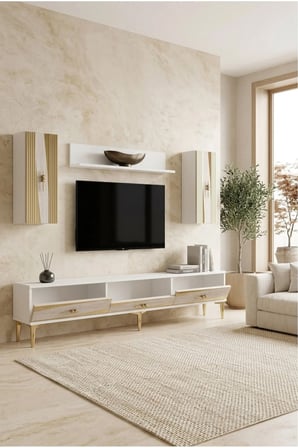 TVR1813BTG ELİPS TV Ünitesi Takımı BEYAZ-TRAVERTEN-GOLD 180CM