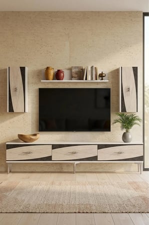 TVR1813BTS ELİPS TV Ünitesi Takımı BEYAZ-TRAVERTEN-SILVER 180CM