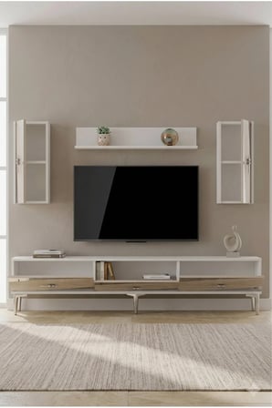 TVR1813BTS ELİPS TV Ünitesi Takımı BEYAZ-TRAVERTEN-SILVER 180CM