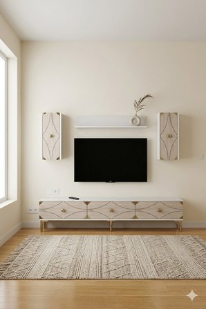 TVR1897BTG ALFA Tv Ünitesi Takımı Beyaz-Traverten-Gold 180cm