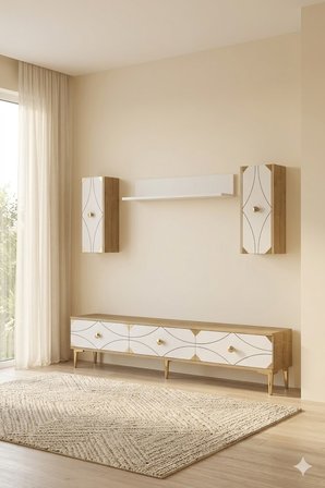 TVR1897DBG ALFA Tv Ünitesi Takımı Safirmeşe-Beyaz-Gold 180cm