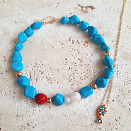 Barok İnci Turkuaz Özel Tasarım Chocker Kolye