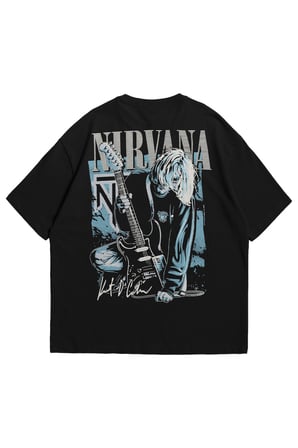 Kadın Erkek Siyah Kurt Cobain Nirvana Baskılı Oversize Bisiklet Yaka Kısa Kollu T-Shirt
