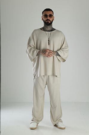 Oversize Bej Keten Takım