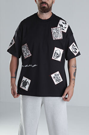 Yama Desenli Siyah Tasarım T-Shirt