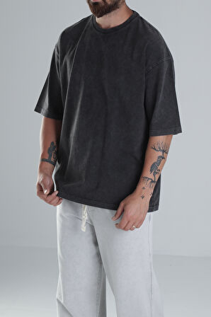Yıkamalı Antrasit Oversize T-Shirt