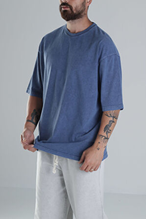Yıkamalı Mavi Oversize T-Shirt