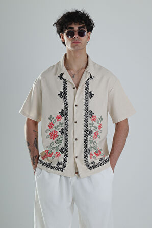 Çiçek Desenli Keten Tasarım Gömlek