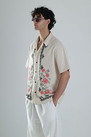 Çiçek Desenli Keten Tasarım Gömlek