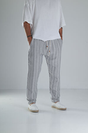 Gri Çizgili Müslin Keten Baggy Pantolon